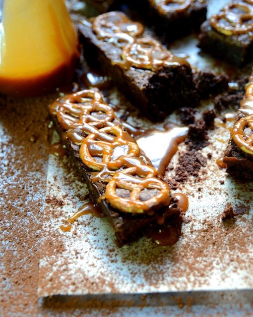 Salted pretzel brownies with caramel sauce