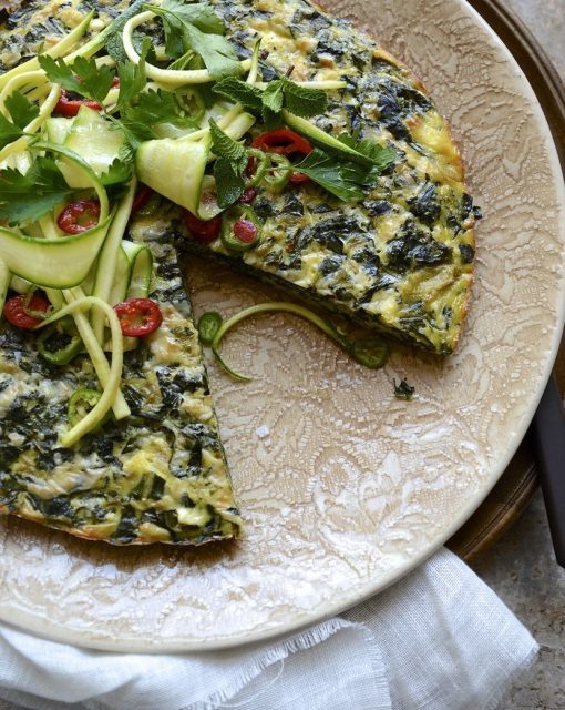 Rainbow coloured Swiss chard frittata