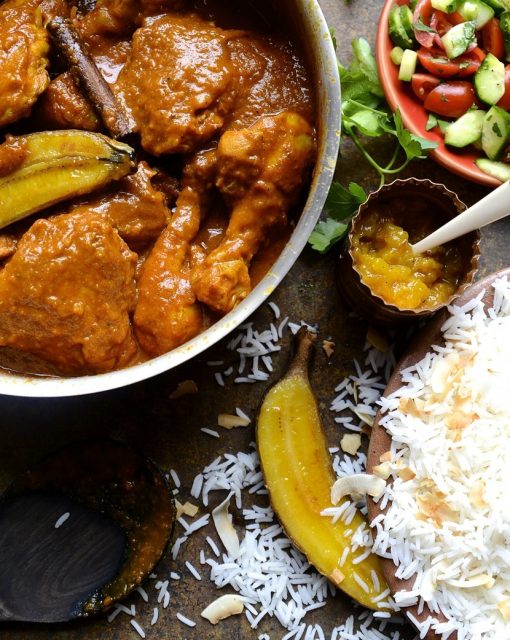 Cape Malay chicken curry|roasted bananas