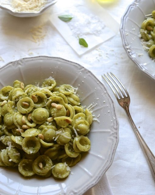 Orecchiette basil pesto pasta with rocket and walnuts