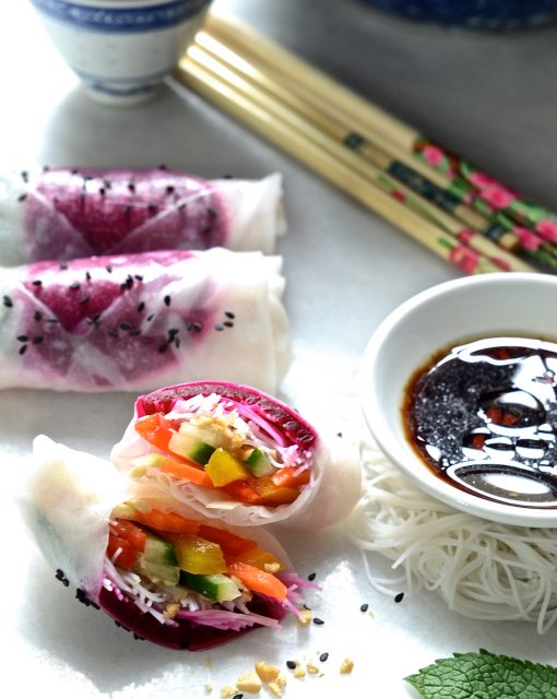 Beetroot rice paper rolls