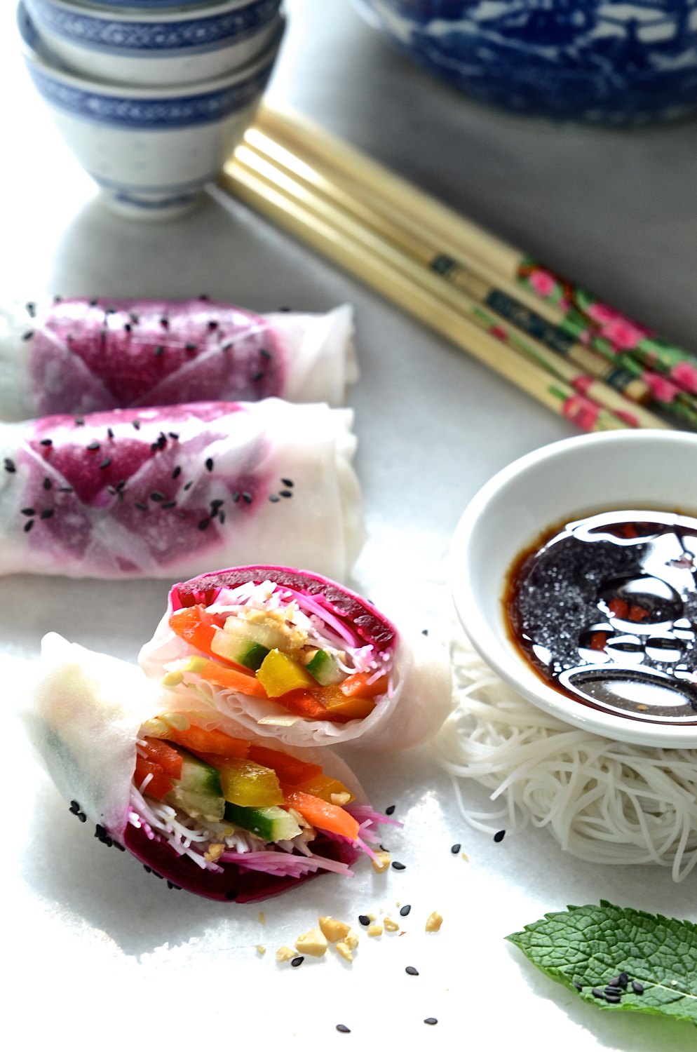 Beetroot rice paper rolls 