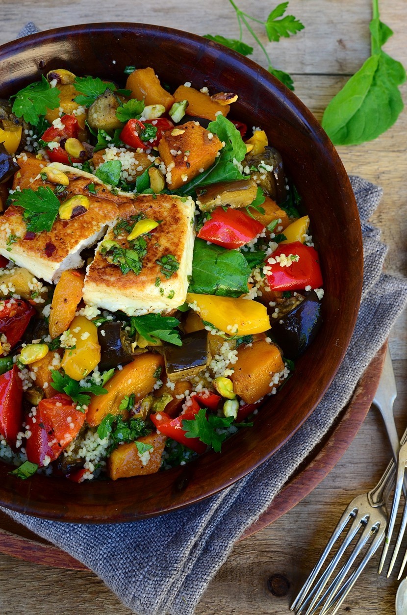 Roast vegetable salad with grilled feta