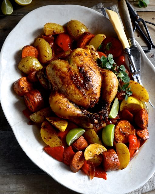 Spanish Roast chicken tray bake