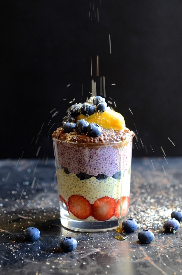 Fruity chia pudding parfaits with mango ice cream