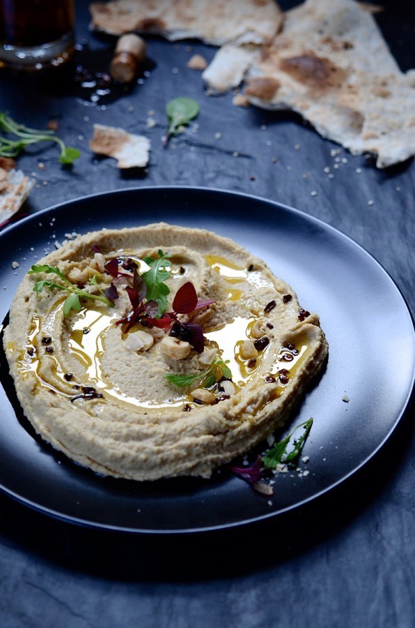 Roasted peanut hummus with cocoa nib chilli oil