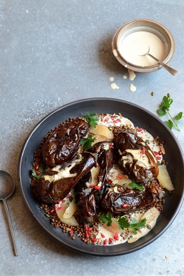 Roast aubergine with miso and pomelo