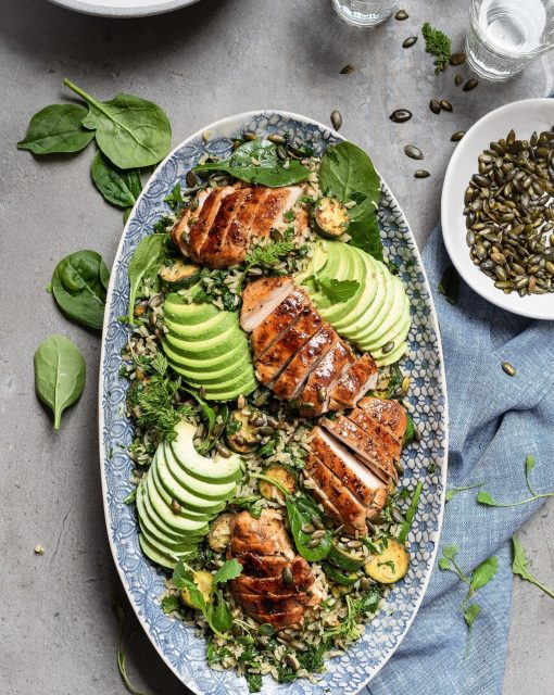 Wild rice chicken salad with avocado