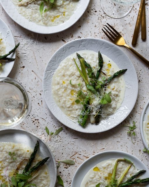 Charred leek and asparagus risotto