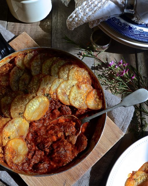 Red wine beef stew with potato gratin