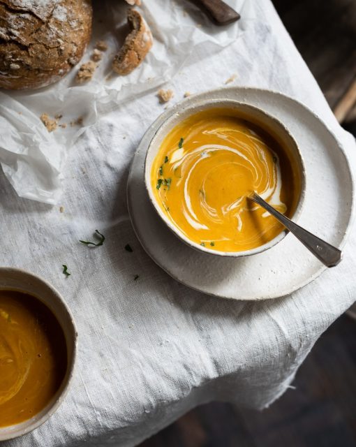 Roast butternut soup with chickpeas and leeks