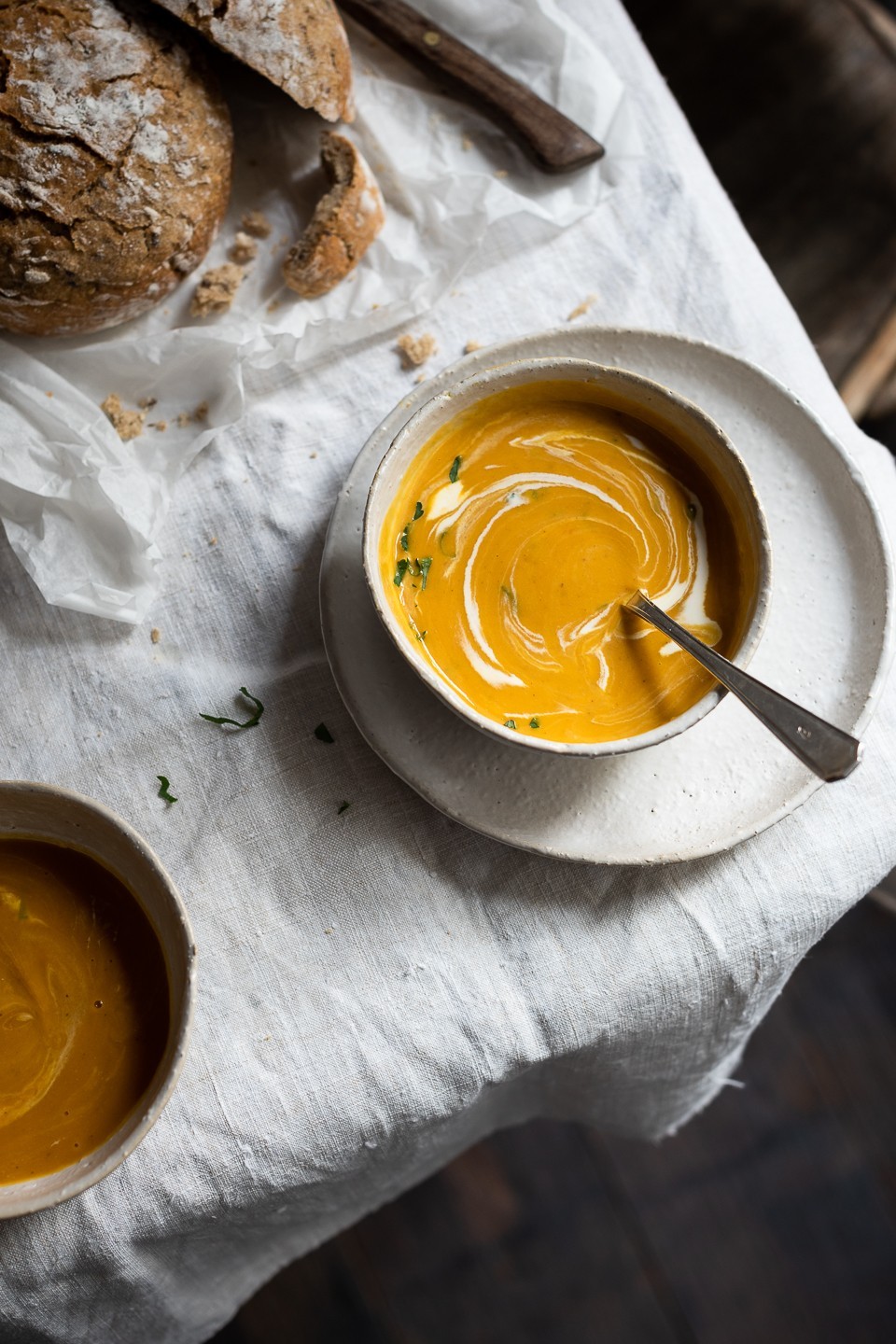 Roast butternut soup with chickpeas and leeks