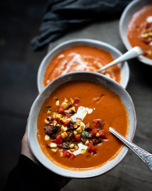 Roast sweet pepper soup with corn salsa