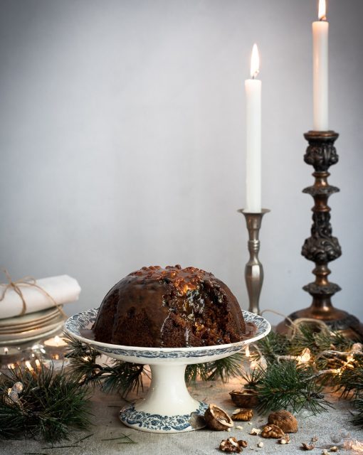 Mandrin Christmas pud with rum caramel