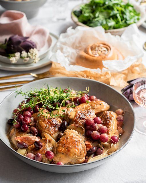 Sticky chicken with roasted grapes