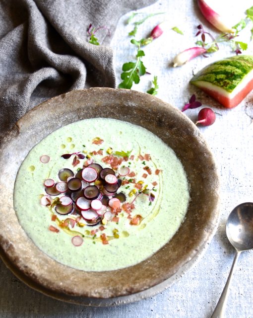 Chilled cucumber soup with grape salsa