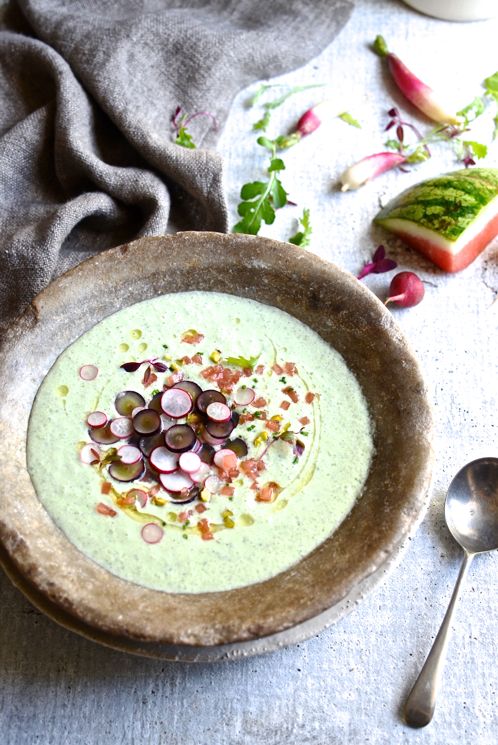 Chilled cucumber soup with grape salsa