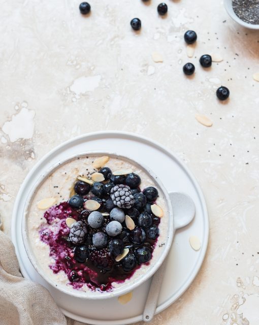 Creamy coconut Bircher muesli with blueberry compote