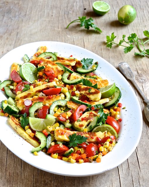 Roasted corn and halloumi salad