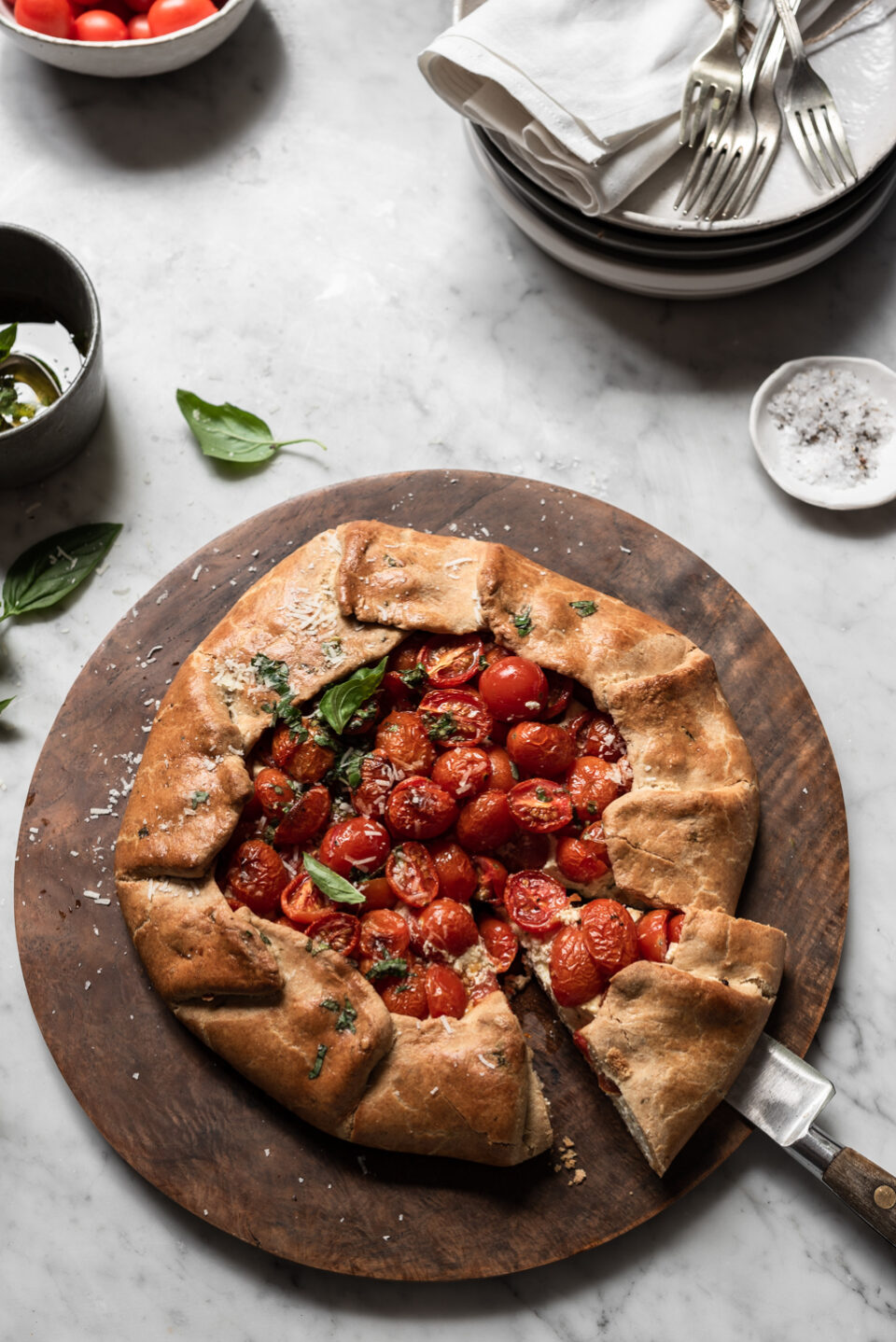 Tomato Galette with basil oil