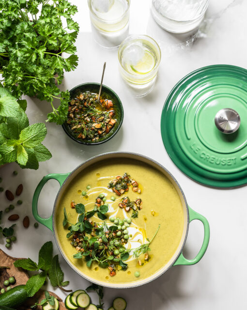 Pea & Zucchini Soup with Minted Almond Salsa